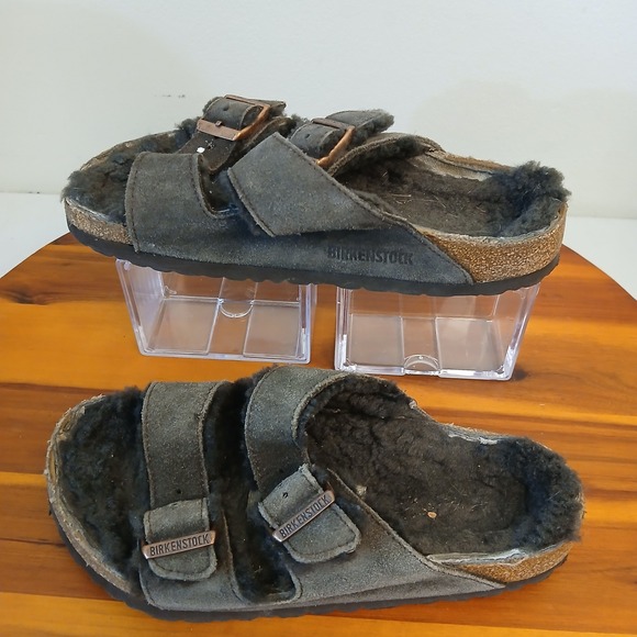 Birkenstock Other - Birkenstock Arizona Sandals Mens 36 Black Shearling Lined Suede Two Strap Slide